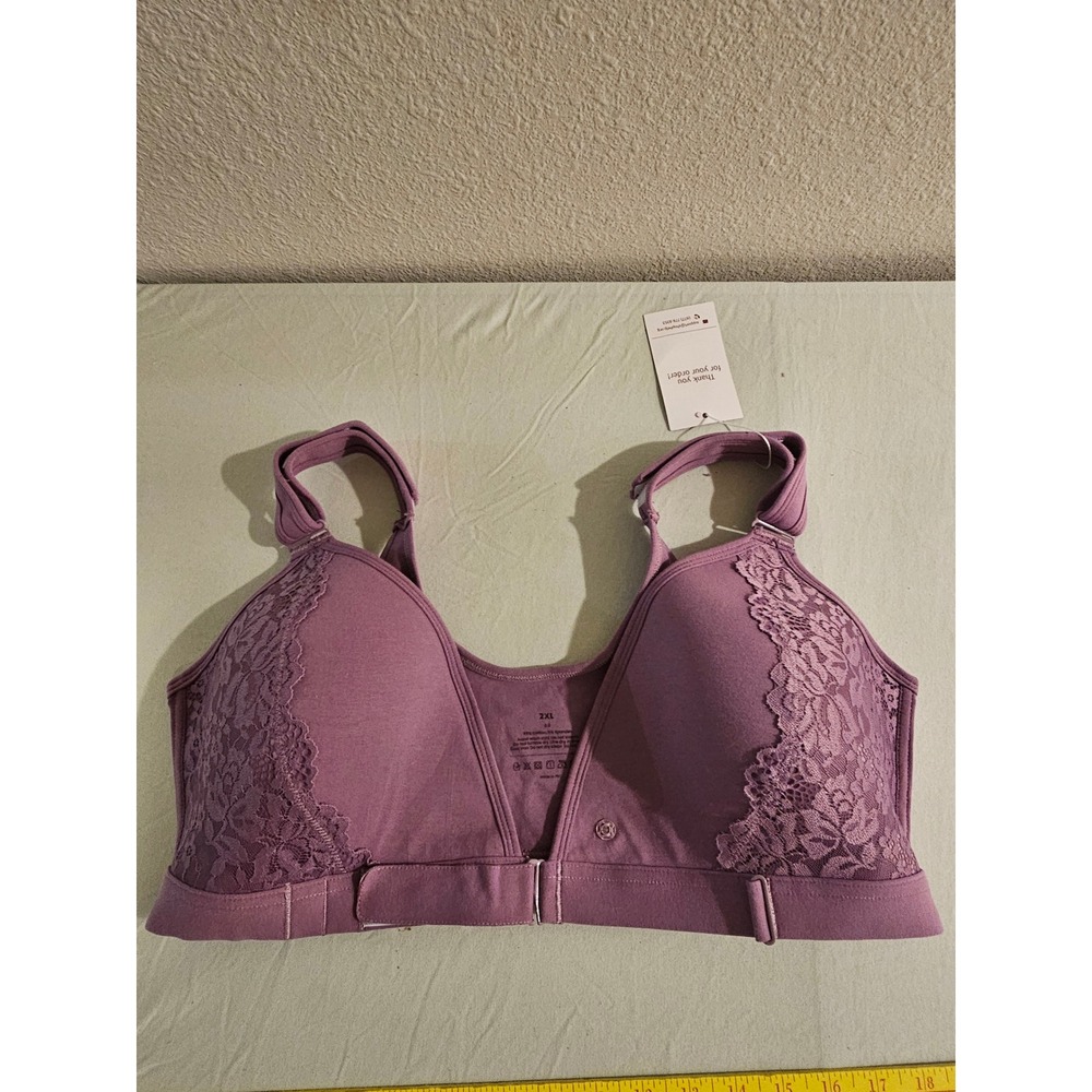 VeraComfort Women Purple Lace Front Closure Wireless Bra Size 2XL‎ Cotton Blend